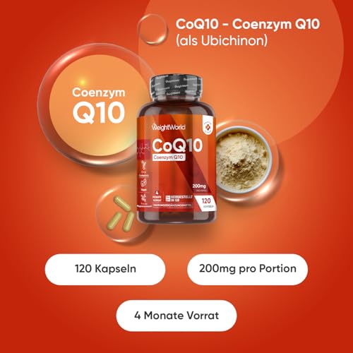 Coenzym Q10-200mg pro Kapsel - 120 vegane CoQ10 Kapseln - 4 Monate Vorrat - 1 Kapsel pro Tag - Frei von Magnesiumstearat, Ohne Gentechnik & Gemäß GMP - q 10 coenzym (als Ubichinon) - Von WeightWorld