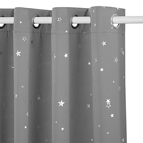 PONY DANCE Silver Grey Thermal Curtains 54 Inch Drop - Noise Reducing Short Kids Curtains with Eyelet Foil Printed Pattern Blackout Curtains for Nursery Bedroom, 52 Inch Wide, 2 Panels
