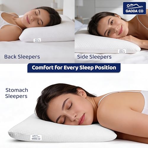 Image of GADDA CO Orthopedic Memory Foam Pillow for Neck, Shoulder & Back Pain Relief - Slim Cervical Pillow for Comfortable Sleep, Removable Jacquard Cover, Size -25x16x4 in, White, 2-Year Warranty, Pack of 2