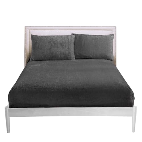 GC GAVENO CAVAILIA Fitted Sheet King Size - Soft Teddy Fleece Bedding Winter - Warm Fluffy Anti-Allergy Polyester Bed Sheet (152x203 cm) - Easy Care 25cm Deep Fleece Fitted Sheets King Size,Charcoal