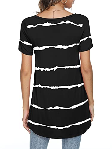 Popyoung Women's Summer Casual Short Sleeve Tunic Tops To Wear With Leggings V-Neck T-Shirt Loose Blouse L, Stripe Black #TOP3