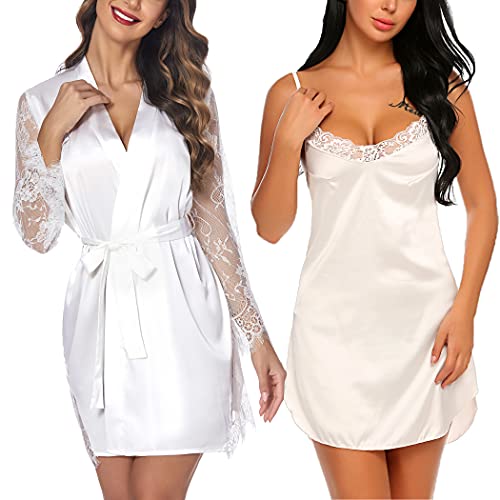 Avidlove Satin Kimono Robes For Women Sexy Lace Satin Robe With Cami Night Dress White Small #TOP22