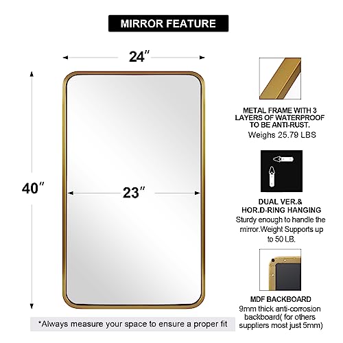 Image of ANDY STAR 24x40 Inch Gold Bathroom Mirror, Rounded Rectangle Mirror, Brushed Brass Bathroom Vanity Mirror Oblong Tube Metal Framed, SUS304-Anti-Rust, Wall-Mounted Horizontal /Vertical 1'' Deep