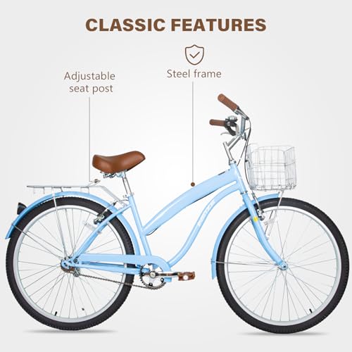 Image of WEIZE Beach Cruiser Bike, 24 & 26 inch Commuter Bicycle for Adult Men and Women,High-Carbon Steel /Front & Rear Fenders, Comfortable City Bikes with Rear Rack or Basket, Ergonomic Upright Design