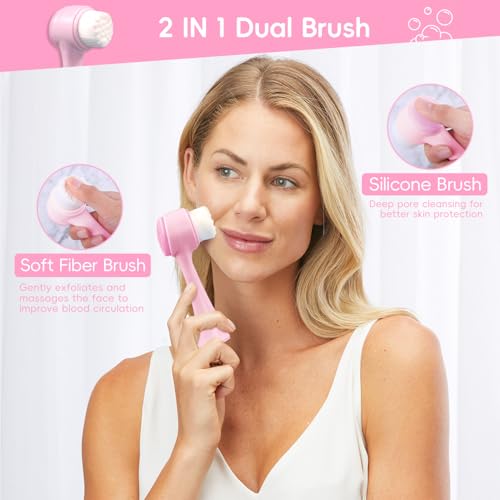 Spa Headband for Washing Face, Skincare headband and wristband set, Facial Cleansing Brush, 2-in-1 Skin Care face Brush, Come with a Hair Scrunchie, For Massaging Makeup Skincare -Pink - Image 6