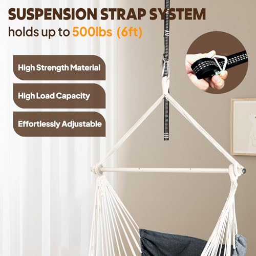 Image of Chihee Hammock Chair Foot Rest 2 Cushions Max 500lbs Metal Spreader Bar | Robust Hanging Chair Soft Cotton Blended Swing Collapsible Easy Storage Strong Strap Iron Carabiner Pocket Indoor Outdoor