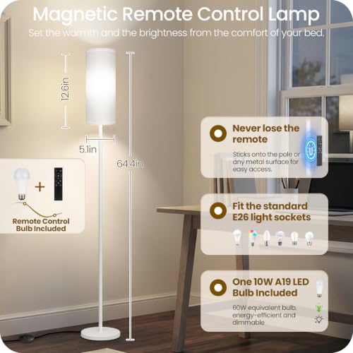 Image of White Dimmable Floor Lamps for Living Room with Remote and Foot Switch, 64.4 inch Modern Standing Tall Lamp, Corner Lamp for Bedroom, Office, Bulb Included, 3000K-6500K, FCC Listed WCW06LD05W1