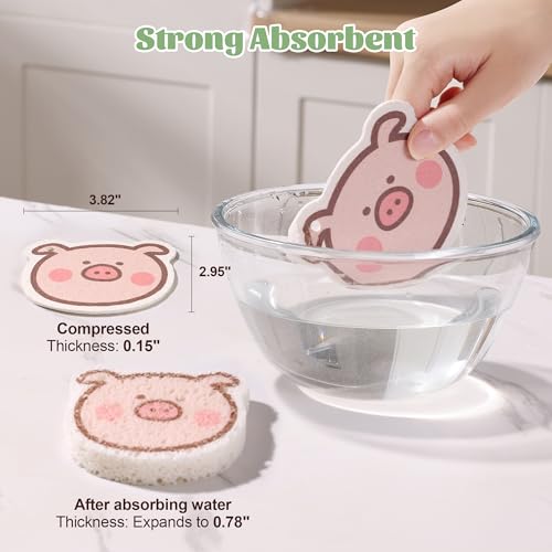 Image of JOYMOOP Kitchen Sponge for Washing Dishes, 4 Pack Cartoon Cellulose Sponges for Cleaning, Reusable Non-Scratch Sponges for Household, Car Interior and Pet Supplies - Piggy Pattern