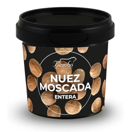 Nuez Moscada Entera Bembo 60 g - Especia Natural y Aromática - Sin Glutamatos, Aglutinantes ni Colorantes - Envase anti-luz y anti-oxidación.