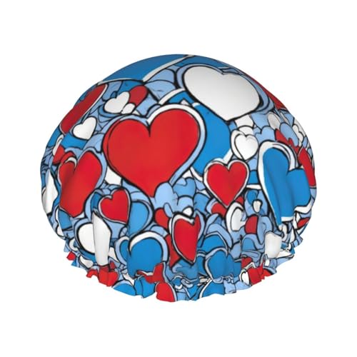 Gorro de ducha con estampado de corazón rojo romántico, gorro reutilizable con forro y banda elástica con dobladillo elástico