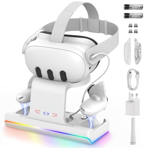 GEEKERA Charging Dock Compatible with Meta Quest 3 Magnetic VR Charging Station with LED Light, Charging Stand for Headset VR3 Accessories, 2 Rechargeable Batteries, with 18W Adapter