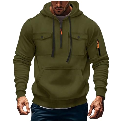 Men's Fashion Hoodies Sweatshirts Quarter-Zip Drawstring Hooded Shirts Causal Long Sleeve Tactical Cargo Pullover