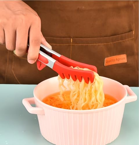 Image of YOMITH Stainless Steel Kitchen Tongs with Silicone Head, Nonstick Food Grade Cooking Tweezer Chimta for Buffet Multi Purpose Food Serving Tools (RED, 3 PCS Set)
