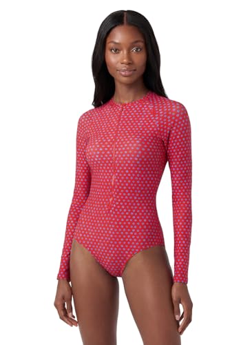 Sporti Women's Zip Front Long Sleeve One Piece Swimsuit - Red - Large