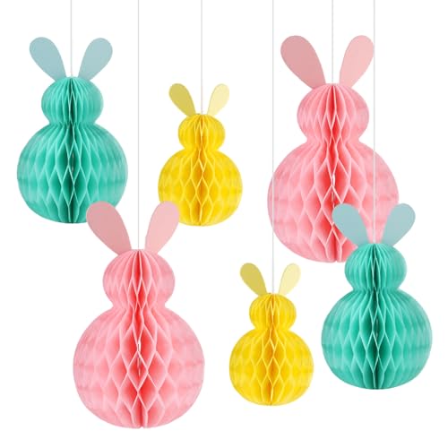 Xbessc 6 Pièces Pâques Boules en Nid d'abeille Lapin de Pâques 3 Couleurs Décoration de Pâques à Suspendre Papier Réutilisables Deco Paques pour...