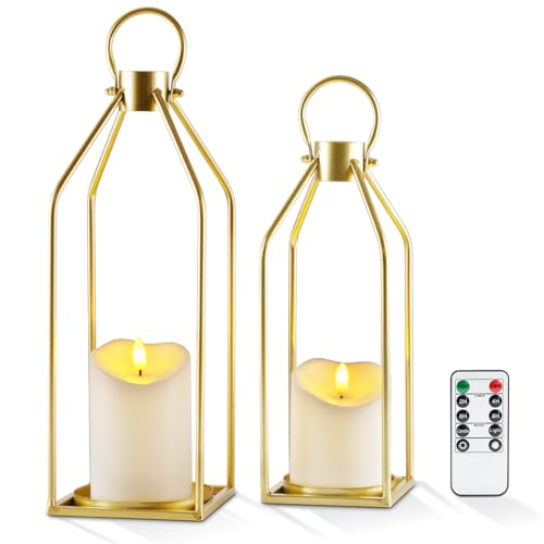 Homemory Modern Farmhouse Lantern Decor with Waterproof Flameless Candle & Remote Timer, 2PCS Gold Metal Candle Lantern Decorative for Outdoor Indoor Home Living Room Patio Porch Table (Gold)