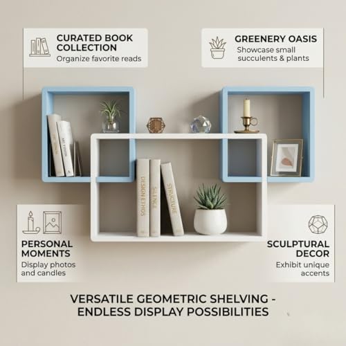 Image of Modern Geometric Floating Wall Shelf - Wall Mounted Decorative Display Shelves for Living Room, Bedroom & Office | Wooden Wall Shelf for Home Decor, Books, Plants & Showpieces WHITE & SKY BLUE