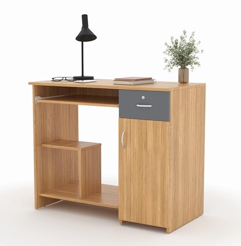 Image of 45x90x76CM Engineered Wood Study & Office Table with Drawer, Cabinet Storage & Keyboard Tray | Sturdy, Foldable DIY Multipurpose Table- Urban Teak with Grey