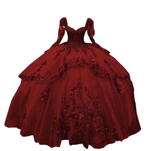 Sparkly Lace Flower Square Neck Asymmetrical Puffy Skirt Quinceanera Prom Dresses Long Illusion Sleeves 2025