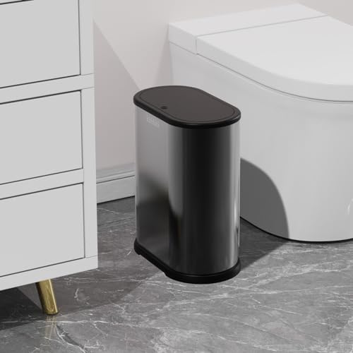 Image of KSSKSS 1.8 Gallons Small Stainless Steel Trash Can with Press Type Lid, Slim Bathroom Garbage Bin, Removable Liner Bucket, Narrow Wastebasket with Pop-Up Lid for Bedroom,Toilet (Titanium Black)