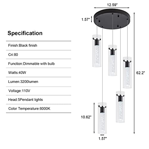 Image of LED Pendant Light,Black,5-Light Kitchen Island Pendant Lights