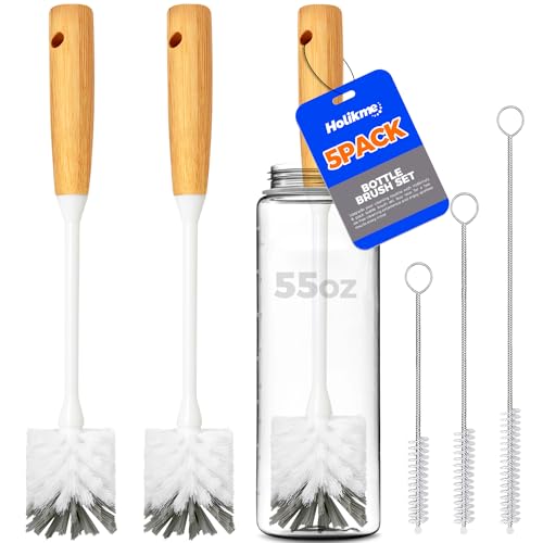 Image of Holikme 5 Pack Bottle Brush Cleaner Set, 14" Bamboo Handle Bottle Cleaner Brush, 3 Straw Brushes, Bottle Cleaning Brush for Water Bottle, Cups, Baby Bottle, Straws Grey White