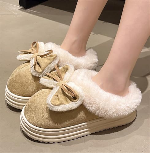 Rungion Cute Bow Winter Slipper for Women Plush Lined House Slip-On Shoes Outdoor Non-slip Warm Platform Suede Slipper3