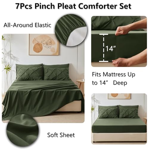 CozyLux Full Size Comforter Sets Olive Green, 7 Pieces Pintuck Bed in A Bag Green Comforter Full Size, Pinch Pleat Bedding Sets with All Season Comforter, Sheets, Pillowcases & Shams