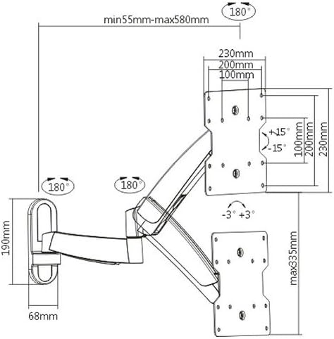 Detailed dimensional drawing of the RICOO S2722 TV wall mount showing swivel, tilt, and extension ranges