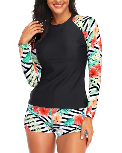 Image of Daci Women Two Piece Rash Guard Long Sleeve Swimsuits with Short UPF 50+ | UPF 50+,High Waisted Short,Long Sleeve,High Neck,Built-in Brief,Quick Dry