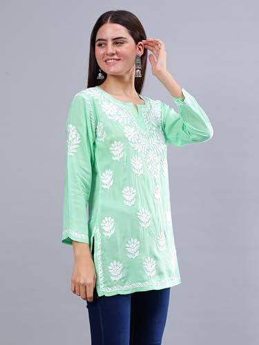 Image of Seva Chikan Hand Embroidered Lucknowi Chikankari Modal Short Top for Women SCL9147