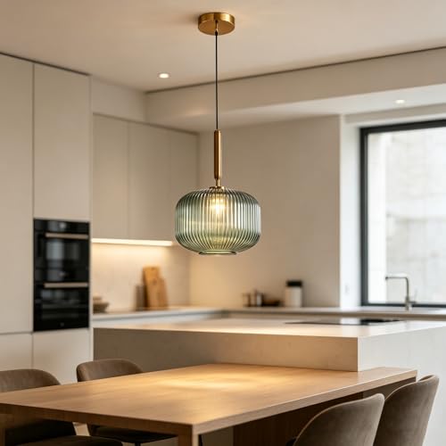 Lámpara Colgante E27 de Vidrio Estriado Verde 14cm Iluminación Techo