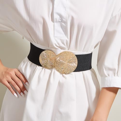 Shengxi Ceinture Elastique Femme, Ceinture Double Boucle Ronde Ceinture Tendance Femme Ceinture Vintage Extensible Large pour Femme Manteaux Robe Jeans (Noir) – vue 4