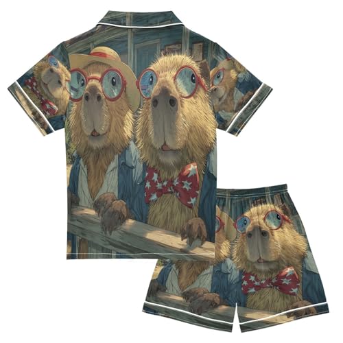 Satin Pajama Sets Short Sleeve Funny Capybaras Button Down Silky Nightwear 2 Piece PJS 5-14Y2