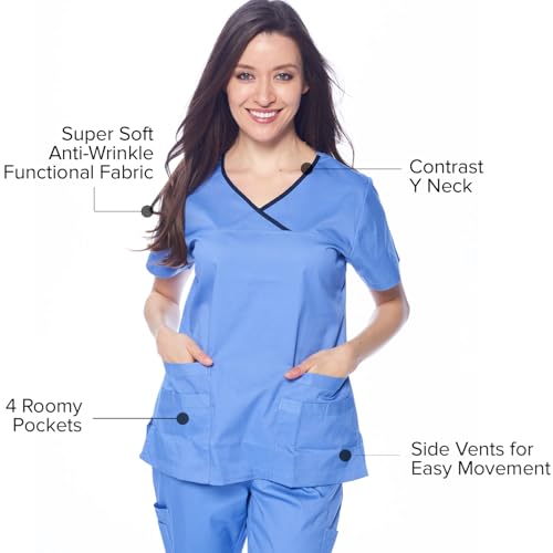 Dagacci Medical Uniform® Scrubs for Women Set – Natural Stretch Contrast Binding Top and Pants Sets for Women – 9 Pockets