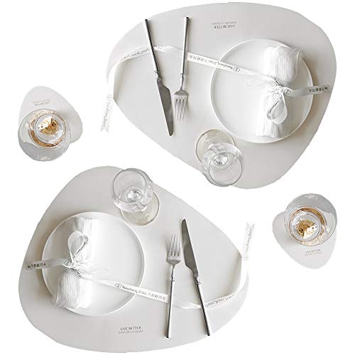 WinCheer Leather Placemats and Coasters Set of 2, Round Table Coffee Mat Waterproof Greaseproof Heat-Resistant Washable PU Leather Placemat for Dining Table (White)