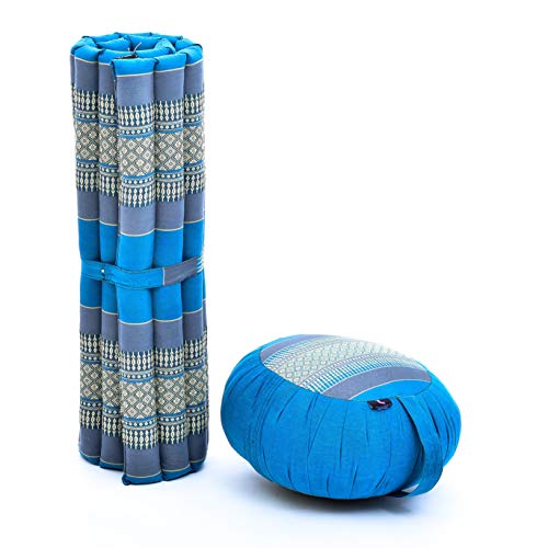 Image of Leewadee Meditation Cushion Set - 1 Round Zafu Meditation Pillow and 1 Square Roll-Up Zabuton Meditation Mat, Pillows Bundle Filled with Kapok