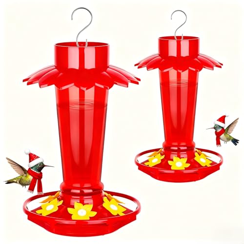 Fchstaer Plastic Hummingbird Feeders for Outdoors Hanging, 2 Pack 10 OZ Red Humming Bird Feeder with 6 Feeding Ports and Perch, Built-in Ant Moat, Gifts for Women Garden Decor
