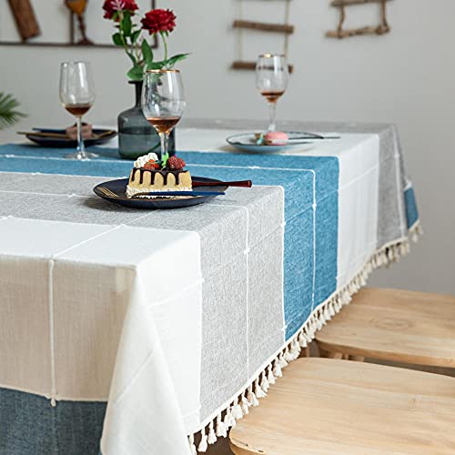 Nappe pompon bleu blanc gris rectangulaire 140x300 pour table à manger - 6