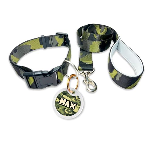 Image of Pawsindia Leash and Collar with Name Tag for Dogs, Army Print with 1.5 Inches Width Adjustable Collar and 4 Feet Heavy Duty Leash with Customize Nametag,Nylon