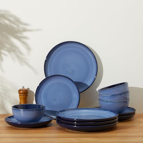 Image of Pokini Stoneware Dinnerware Sets, Ceramic Plates and Bowls Set, Microwave & Dishwasher Safe Kitchen Dish Set, Modern Dinner Plates | Salad Plate | Cereal Bowls for 4, Dishware Sets Blue