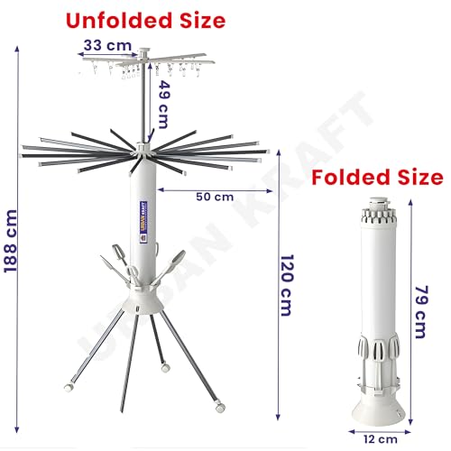 Image of URBAN KRAFT Octopus Foldable Rotating Cloth Drying Rack, 360 Multi-Layer Space Saving Laundry Stand with Lockable Wheels, 4 Pulleys, 20 Clips, 6 Shoe Dryers Rods for Indoor /Outdoor