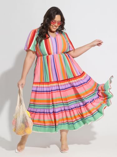 Image of TIYOMI Women Plus Size Dress Boho V Neck Short Sleeve Beach Maxi Dresses Floral /Stripe /Leaves /Lemon XL-5XL