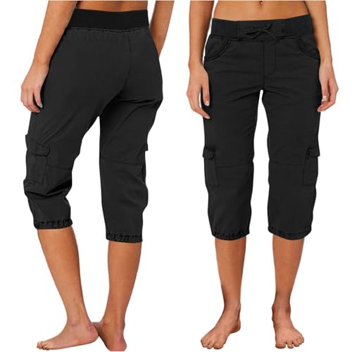 Women's High Waist Cargo Pants Summer Casual Solid Color Elastic Waist Capri Pants Bermuda Shorts with Pockets2