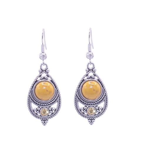 ZARZAMORA Pendientes Mujer Piedra Natural Colgantes Estilo Bohemio Vintage -Pendientes Plata Tibetana Acabado Envejecido Gancho Platino- Amuleto protector Gema Natural (Jaspe Amarillo)