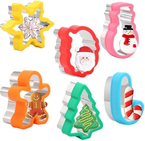 Afatnao Christmas Cookie Cutters Set, 6 Piece Holiday Biscuit Cutter with Comfort Grip (PP)- Christmas Tree, Gingerbread Man, Snowflake, Candy Cane, Snow Man, Santa Face for Backing
