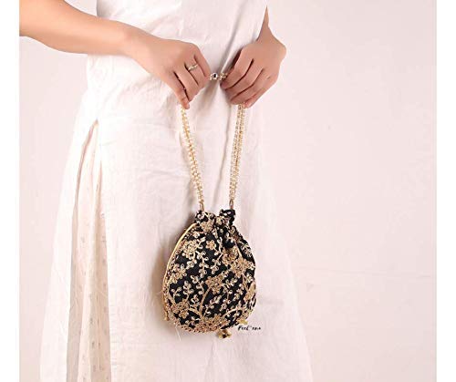 FeelOrna handicrafts and jewellery Potli | Wristlets Ethnic Potli For Women's | Designer Rajasthani Style Royal Clutch Silk Batwa Bag | Zari Work Potli | Bridal Potli | Potli Bags (Black) - Image 5