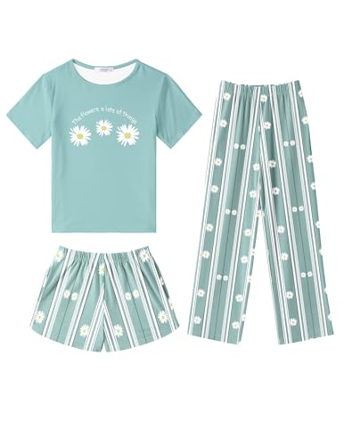 Arshiner Girls Pajama Set 3 Piece Short Sleeve Sleepwear Summer Soft Cute Pjs Outfits