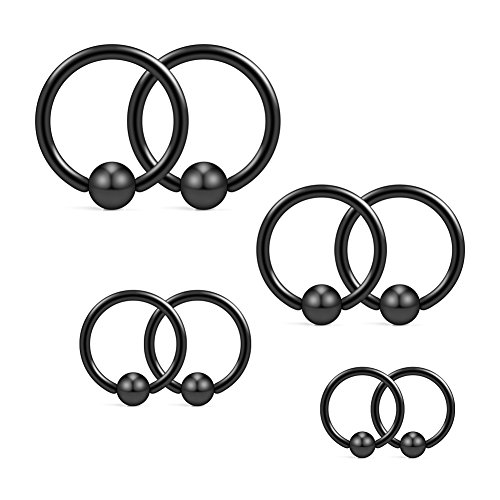 Ruifan 4prs(8pcs) 20G 16G 14G 12G Surgical Steel Captive Bead Nose Hoop Septum Earring Eyebrow Tongue Lip Nipple Helix Tragus Piercing Rings 8mm,10mm,12mm,14mm - Black