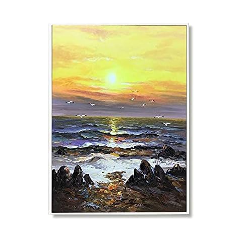 Oil Painting on Canvas Wall Art Hand Painted,Textured Abstract Bright Sunset Sea Gull Marine Decoration Modern Original Artwork Large Size Unframed Mural Home Decor for Living Room Bedroom Gift,24X3 Cover